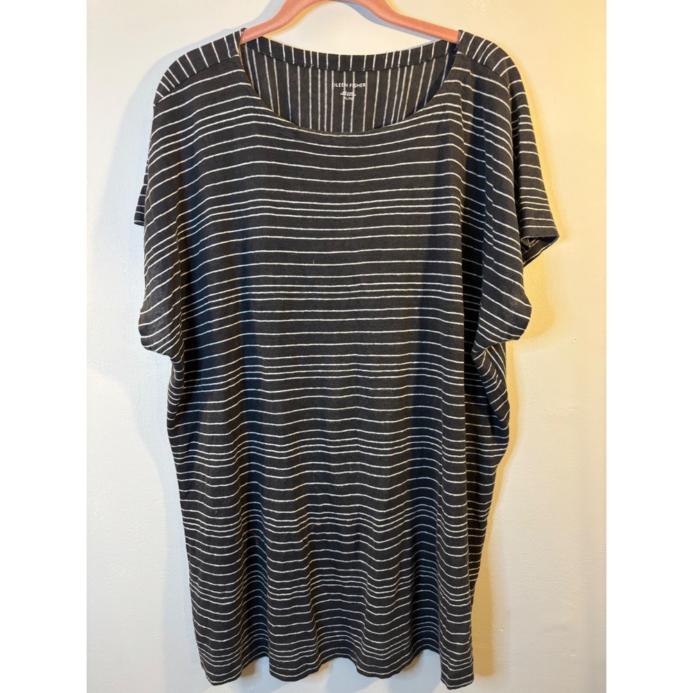 Eileen Fisher Gray Stripe Organic Linen Tunic Top XL